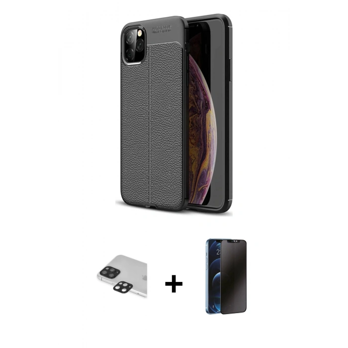 MARSİLYAN™- iPhone 11 Pro Max Kılıf Doruk Klasik Özel Seri - Siyah 3D Antistatik Hayalet Cam Ekran Koruyucu + Pers Alüminyum Kamera Lens - SH