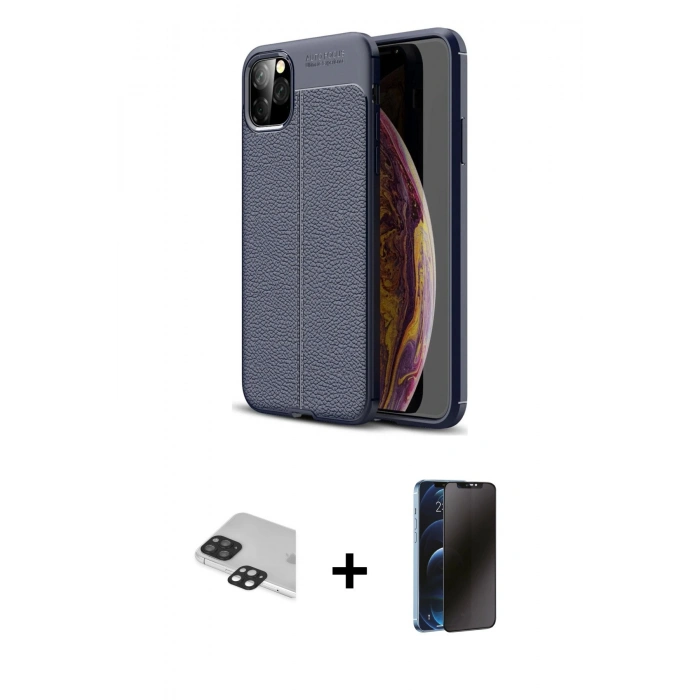 MARSİLYAN™- iPhone 11 Pro Max Kılıf Doruk Klasik Özel Seri - Siyah 3D Antistatik Hayalet Cam Ekran Koruyucu + Pers Alüminyum Kamera Lens - SH