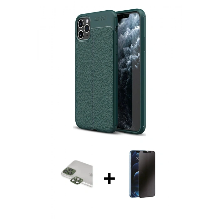 MARSİLYAN™- iPhone 11 Pro Max Kılıf Doruk Klasik Özel Seri - Siyah 3D Antistatik Hayalet Cam Ekran Koruyucu + Pers Alüminyum Kamera Lens - YL
