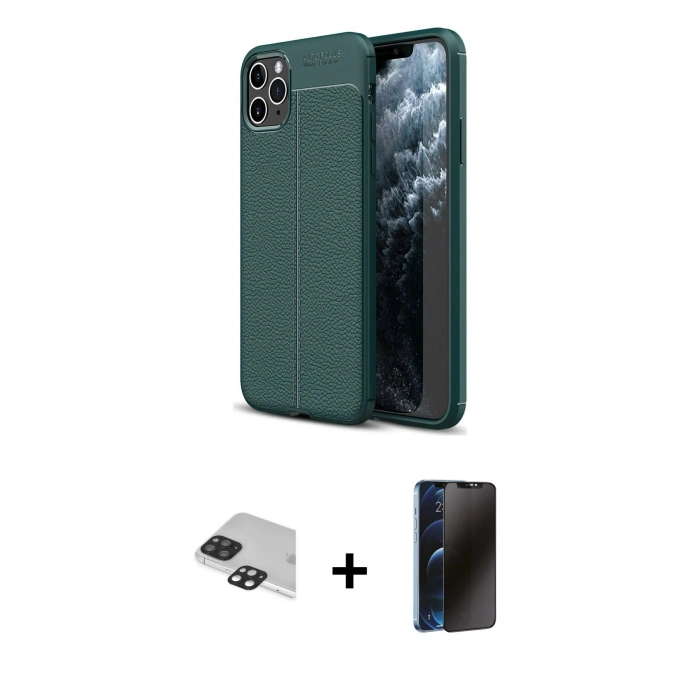 MARSİLYAN™- iPhone 11 Pro Max Kılıf Doruk Klasik Özel Seri - Siyah 3D Antistatik Hayalet Cam Ekran Koruyucu + Pers Alüminyum Kamera Lens - SH