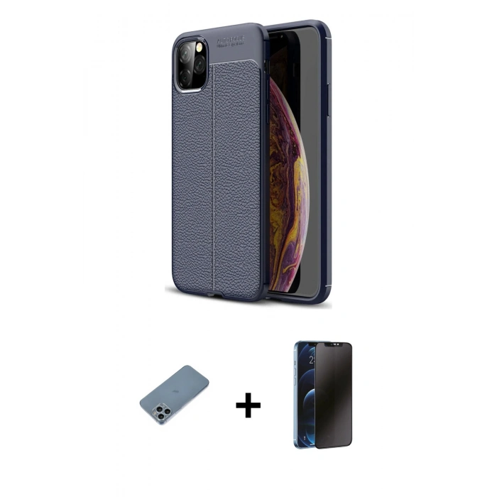 MARSİLYAN™- iPhone 11 Pro Max Kılıf Doruk Klasik Özel Seri - Siyah 3D Antistatik Hayalet Cam Ekran Koruyucu + Shine Kamera Lens Koruma Cam - SABE