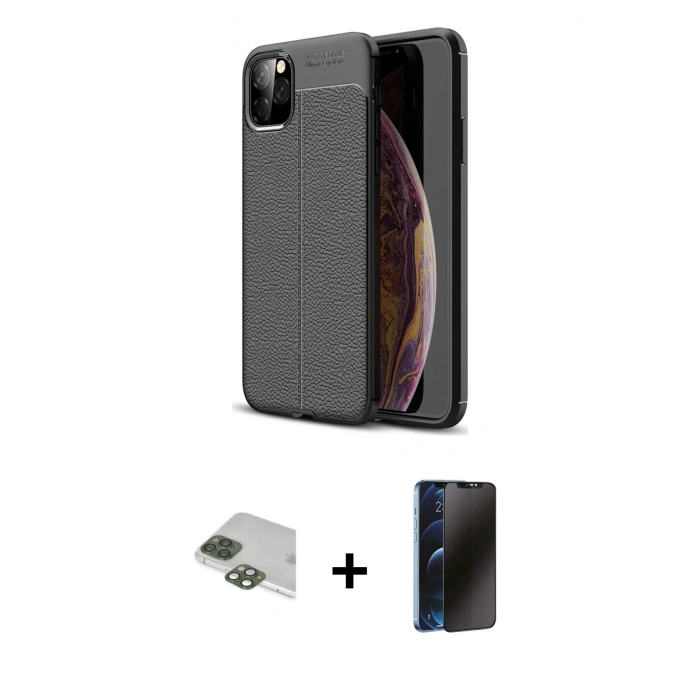 MARSİLYAN™- iPhone 11 Pro Max Kılıf Doruk Klasik Özel Seri - Siyah 3D Antistatik Hayalet Cam Ekran Koruyucu + Pers Alüminyum Kamera Lens - YL