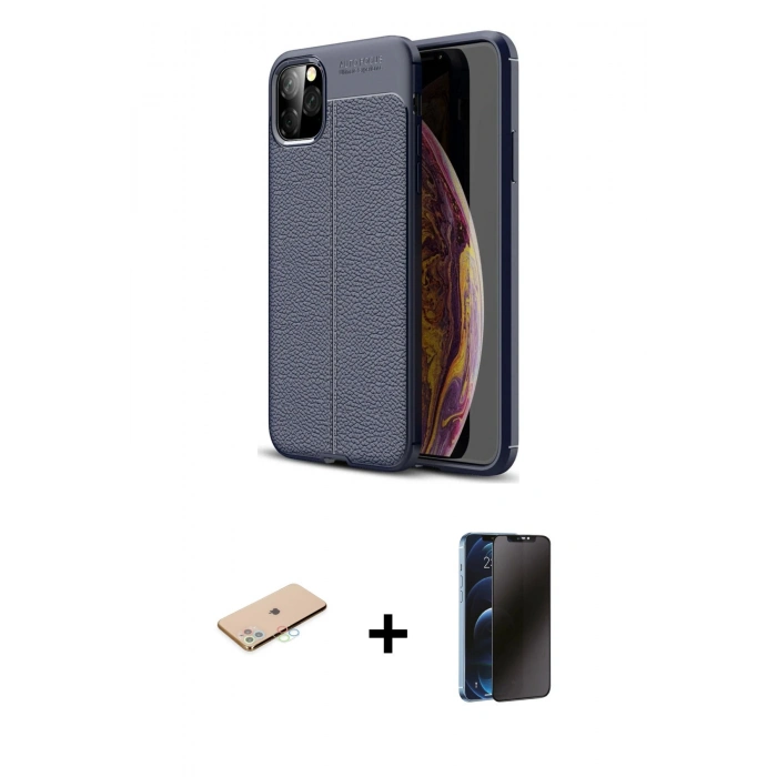 MARSİLYAN™- iPhone 11 Pro Max Kılıf Doruk Klasik Özel Seri - Siyah 3D Antistatik Hayalet Cam Ekran Koruyucu + Renkli Kamera Lens Koruma Cam - MI