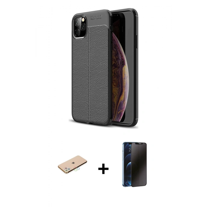 MARSİLYAN™- iPhone 11 Pro Max Kılıf Doruk Klasik Özel Seri - Siyah 3D Antistatik Hayalet Cam Ekran Koruyucu + Renkli Kamera Lens Koruma Cam - MI