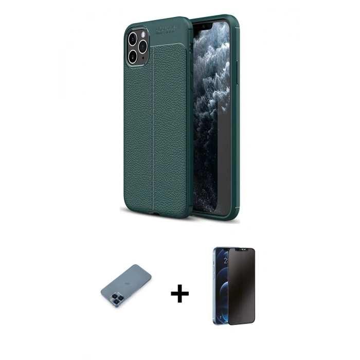 MARSİLYAN™- iPhone 11 Pro Max Kılıf Doruk Klasik Özel Seri - Siyah 3D Antistatik Hayalet Cam Ekran Koruyucu + Metal Kamera Lens Koruma Cam - MI