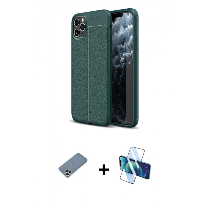 MARSİLYAN™- iPhone 11 Pro Max Kılıf Doruk Klasik Özel Seri - Siyah 3D Antistatik Seramik Nano Ekran Koruyucu + Gümüş Shine Kamera Lens Koruma Cam