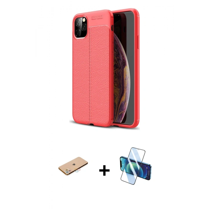 MARSİLYAN™- iPhone 11 Pro Max Kılıf Doruk Klasik Özel Seri - Siyah 3D Antistatik Seramik Nano Ekran Koruyucu + Renkli Kamera Lens Koruma Cam - PE