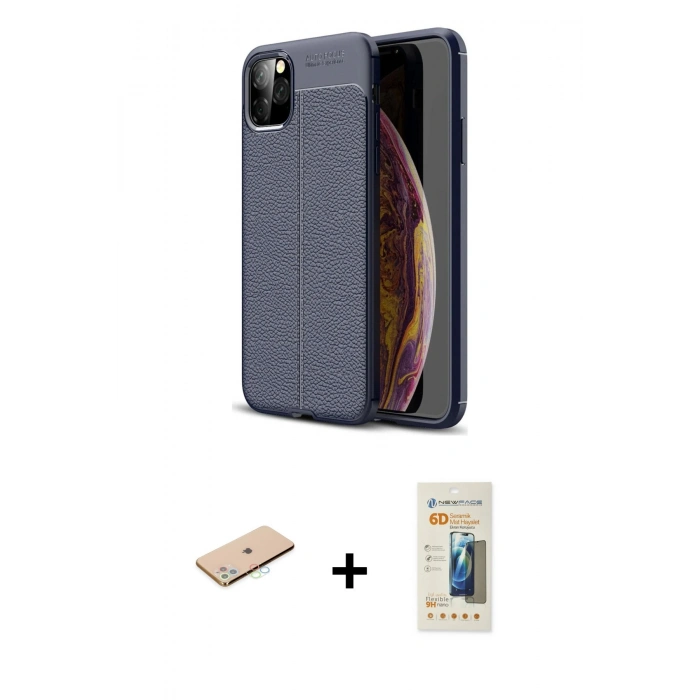 MARSİLYAN™- iPhone 11 Pro Max Kılıf Doruk Klasik Özel Seri - Siyah 6D Mat Seramik Hayalet Nano Ekran Koruyucu + Renkli Kamera Lens Koruma Cam - MI