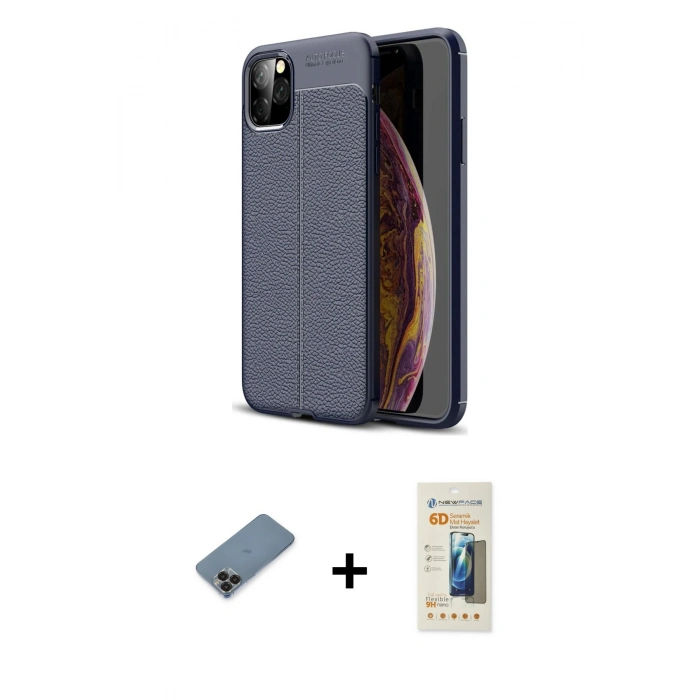 MARSİLYAN™- iPhone 11 Pro Max Kılıf Doruk Klasik Özel Seri - Siyah 6D Mat Seramik Hayalet Nano Ekran Koruyucu + Siyah Metal Kamera Lens Koruma Cam