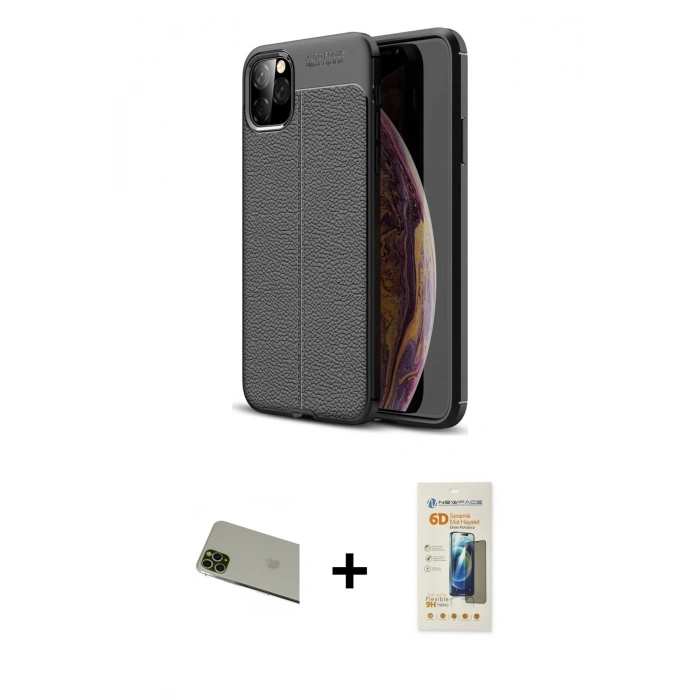 MARSİLYAN™- iPhone 11 Pro Max Kılıf Doruk Klasik Özel Seri - Siyah 6D Mat Seramik Hayalet Nano Ekran Koruyucu + Rainbow Kamera Lens Koruma Cam - YL