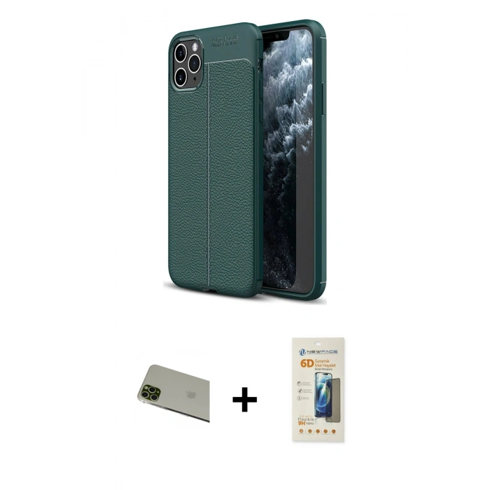 MARSİLYAN™- iPhone 11 Pro Max Kılıf Doruk Klasik Özel Seri - Siyah 6D Mat Seramik Hayalet Nano Ekran Koruyucu + Rainbow Kamera Lens Koruma Cam - YL