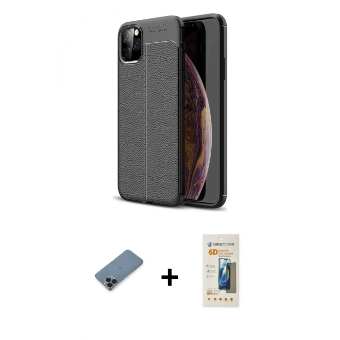 MARSİLYAN™- iPhone 11 Pro Max Kılıf Doruk Klasik Özel Seri - Siyah 6D Mat Seramik Hayalet Nano Ekran Koruyucu + Siyah Metal Kamera Lens Koruma Cam