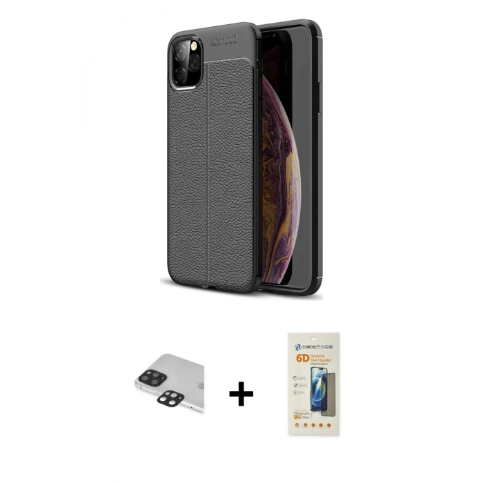 MARSİLYAN™- iPhone 11 Pro Max Kılıf Doruk Klasik Özel Seri - Siyah 6D Mat Seramik Hayalet Nano Ekran Koruyucu + Pers Alüminyum Kamera Lens - SH