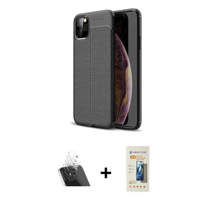 MARSİLYAN™- iPhone 11 Pro Max Kılıf Doruk Klasik Özel Seri - Siyah 6D Mat Seramik Hayalet Nano Ekran Koruyucu + Kamera Lens Koruma Cam - SF