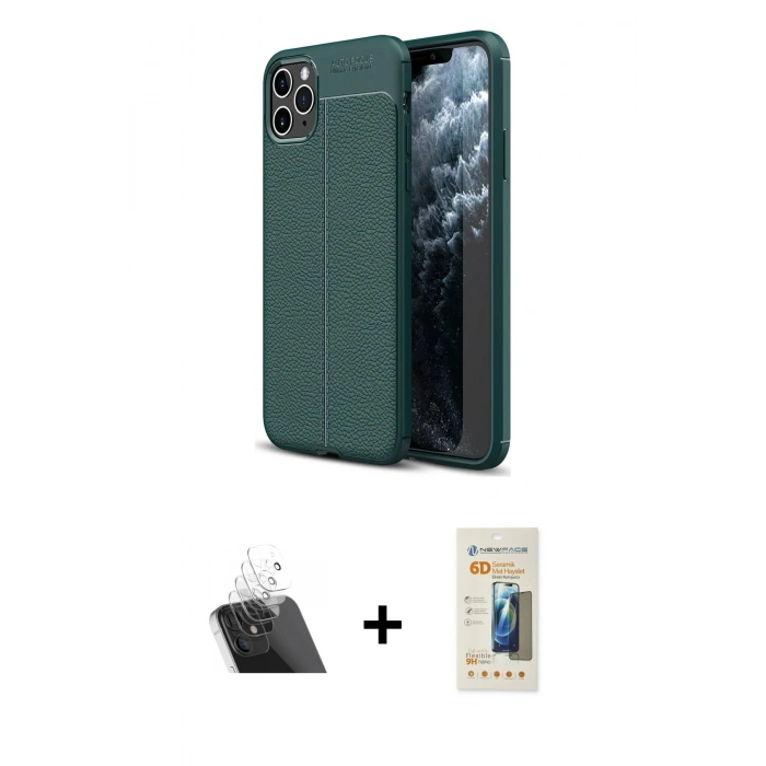MARSİLYAN™- iPhone 11 Pro Max Kılıf Doruk Klasik Özel Seri - Siyah 6D Mat Seramik Hayalet Nano Ekran Koruyucu + Kamera Lens Koruma Cam - SF