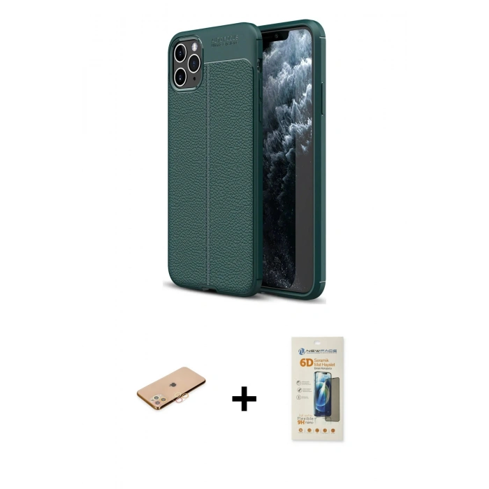 MARSİLYAN™- iPhone 11 Pro Max Kılıf Doruk Klasik Özel Seri - Siyah 6D Mat Seramik Hayalet Nano Ekran Koruyucu + Renkli Kamera Lens Koruma Cam - TU