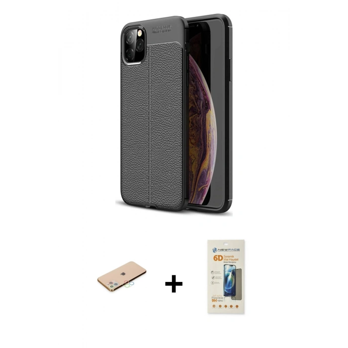 MARSİLYAN™- iPhone 11 Pro Max Kılıf Doruk Klasik Özel Seri - Siyah 6D Mat Seramik Hayalet Nano Ekran Koruyucu + Renkli Kamera Lens Koruma Cam - MI