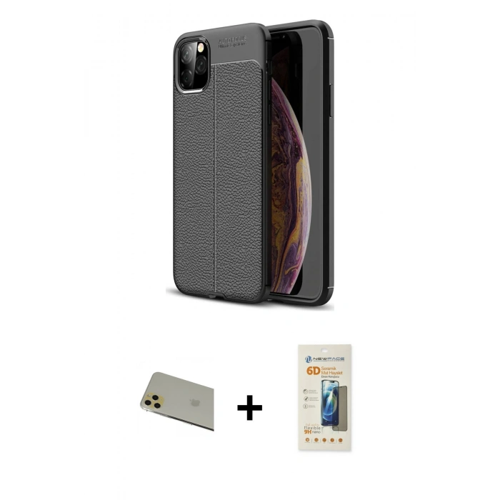 MARSİLYAN™- iPhone 11 Pro Max Kılıf Doruk Klasik Özel Seri - Siyah 6D Mat Seramik Hayalet Nano Ekran Koruyucu + Rainbow Kamera Lens Koruma Cam - GD