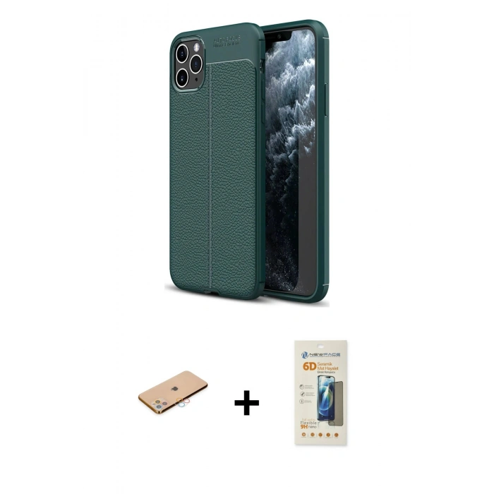 MARSİLYAN™- iPhone 11 Pro Max Kılıf Doruk Klasik Özel Seri - Siyah 6D Mat Seramik Hayalet Nano Ekran Koruyucu + Renkli Kamera Lens Koruma Cam - PE