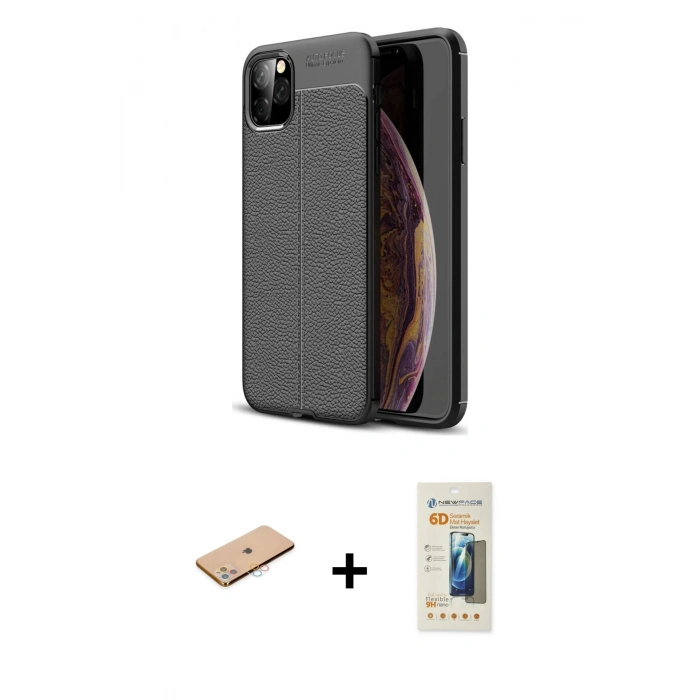 MARSİLYAN™- iPhone 11 Pro Max Kılıf Doruk Klasik Özel Seri - Siyah 6D Mat Seramik Hayalet Nano Ekran Koruyucu + Renkli Kamera Lens Koruma Cam - PE