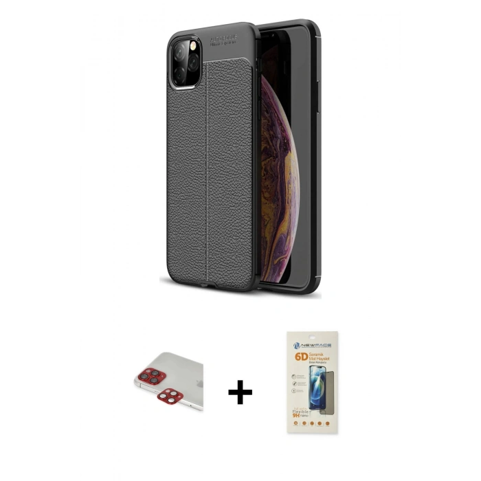 MARSİLYAN™- iPhone 11 Pro Max Kılıf Doruk Klasik Özel Seri - Siyah 6D Mat Seramik Hayalet Nano Ekran Koruyucu + Pers Alüminyum Kamera Lens - KI
