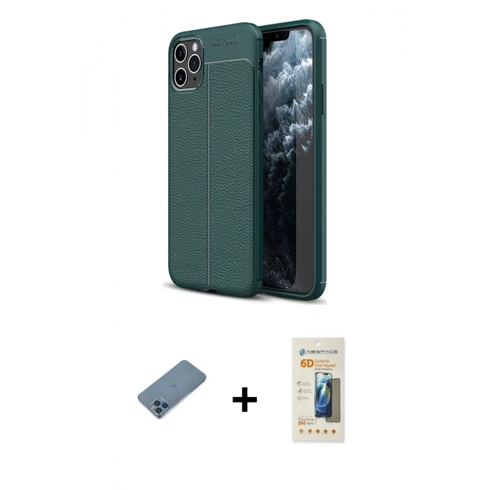 MARSİLYAN™- iPhone 11 Pro Max Kılıf Doruk Klasik Özel Seri - Siyah 6D Mat Seramik Hayalet Nano Ekran Koruyucu + Shine Kamera Lens Koruma Cam - MI