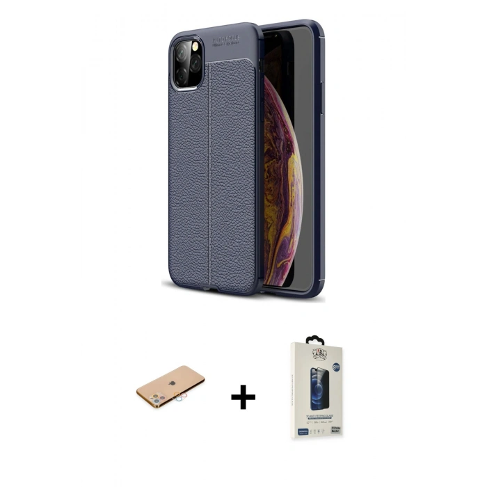 MARSİLYAN™- iPhone 11 Pro Max Kılıf Doruk Klasik Özel Seri - Siyah Bilvis Hayalet Cam Ekran Koruyucu + Renkli Kamera Lens Koruma Cam - PE