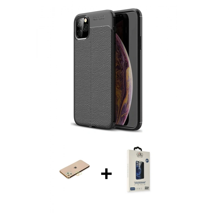 MARSİLYAN™- iPhone 11 Pro Max Kılıf Doruk Klasik Özel Seri - Siyah Bilvis Hayalet Cam Ekran Koruyucu + Renkli Kamera Lens Koruma Cam - SI