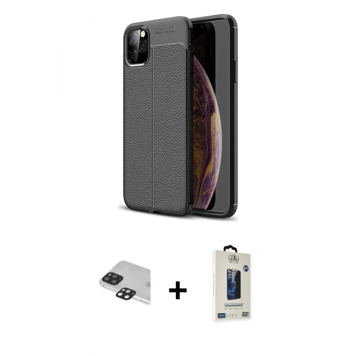 MARSİLYAN™- iPhone 11 Pro Max Kılıf Doruk Klasik Özel Seri - Siyah Bilvis Hayalet Cam Ekran Koruyucu + Pers Alüminyum Kamera Lens - SH