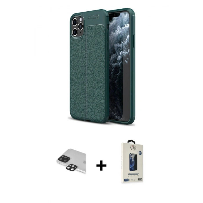 MARSİLYAN™- iPhone 11 Pro Max Kılıf Doruk Klasik Özel Seri - Siyah Bilvis Hayalet Cam Ekran Koruyucu + Pers Alüminyum Kamera Lens - SH