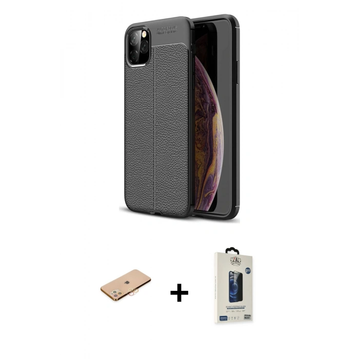 MARSİLYAN™- iPhone 11 Pro Max Kılıf Doruk Klasik Özel Seri - Siyah Bilvis Hayalet Cam Ekran Koruyucu + Renkli Kamera Lens Koruma Cam - TU