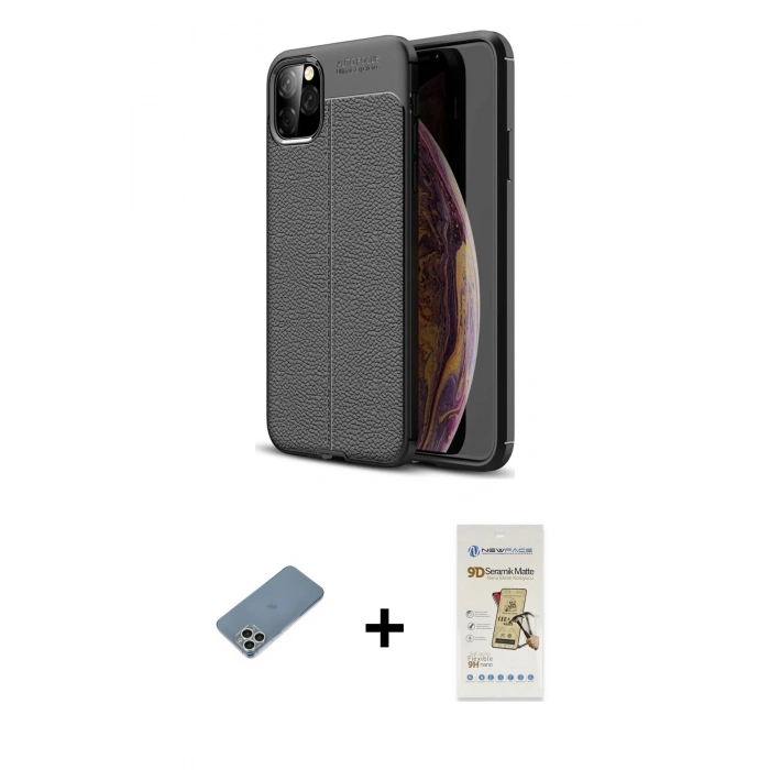 MARSİLYAN™- iPhone 11 Pro Max Kılıf Doruk Klasik Özel Seri - Siyah Mat Seramik Nano Ekran Koruyucu + Shine Kamera Lens Koruma Cam - GS