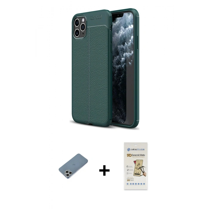 MARSİLYAN™- iPhone 11 Pro Max Kılıf Doruk Klasik Özel Seri - Siyah Mat Seramik Nano Ekran Koruyucu + Shine Kamera Lens Koruma Cam - GS