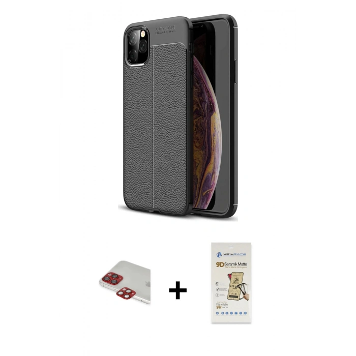 MARSİLYAN™- iPhone 11 Pro Max Kılıf Doruk Klasik Özel Seri - Siyah Mat Seramik Nano Ekran Koruyucu + Pers Alüminyum Kamera Lens - KI
