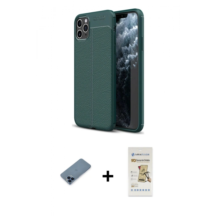 MARSİLYAN™- iPhone 11 Pro Max Kılıf Doruk Klasik Özel Seri - Siyah Mat Seramik Nano Ekran Koruyucu + Mavi Metal Kamera Lens Koruma Cam