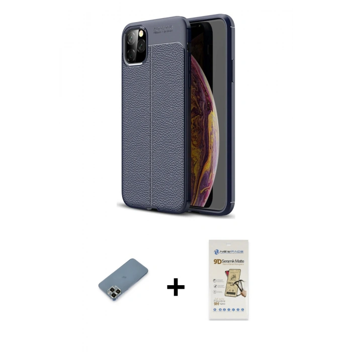 MARSİLYAN™- iPhone 11 Pro Max Kılıf Doruk Klasik Özel Seri - Siyah Mat Seramik Nano Ekran Koruyucu + Metal Kamera Lens Koruma Cam - AKYL