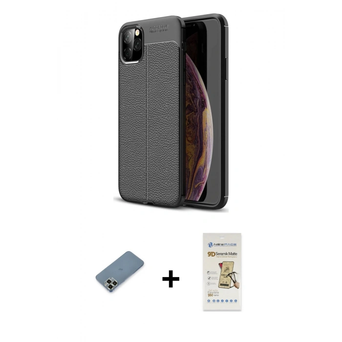 MARSİLYAN™- iPhone 11 Pro Max Kılıf Doruk Klasik Özel Seri - Siyah Mat Seramik Nano Ekran Koruyucu + Metal Kamera Lens Koruma Cam - AKYL