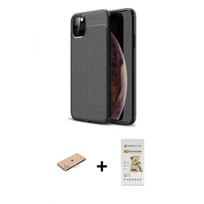 MARSİLYAN™- iPhone 11 Pro Max Kılıf Doruk Klasik Özel Seri - Siyah Mat Seramik Nano Ekran Koruyucu + Renkli Kamera Lens Koruma Cam - PE