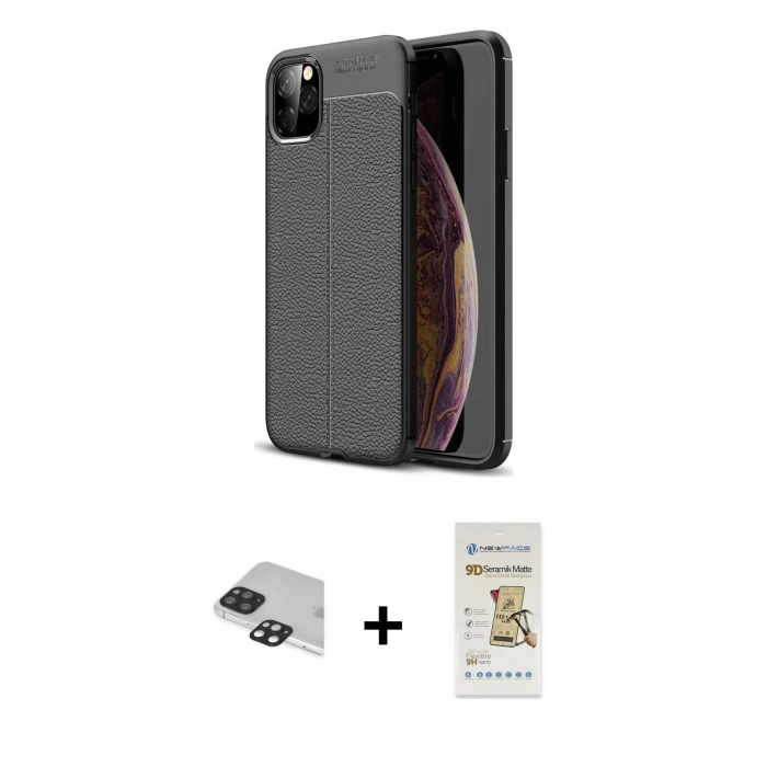 MARSİLYAN™- iPhone 11 Pro Max Kılıf Doruk Klasik Özel Seri - Siyah Mat Seramik Nano Ekran Koruyucu + Pers Alüminyum Kamera Lens - SH