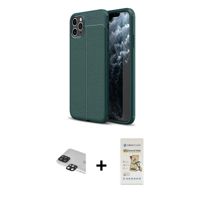 MARSİLYAN™- iPhone 11 Pro Max Kılıf Doruk Klasik Özel Seri - Siyah Mat Seramik Nano Ekran Koruyucu + Pers Alüminyum Kamera Lens - SH