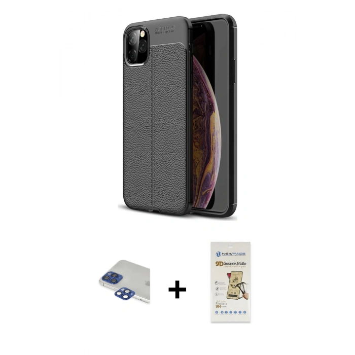 MARSİLYAN™- iPhone 11 Pro Max Kılıf Doruk Klasik Özel Seri - Siyah Mat Seramik Nano Ekran Koruyucu + Pers Alüminyum Kamera Lens - LT