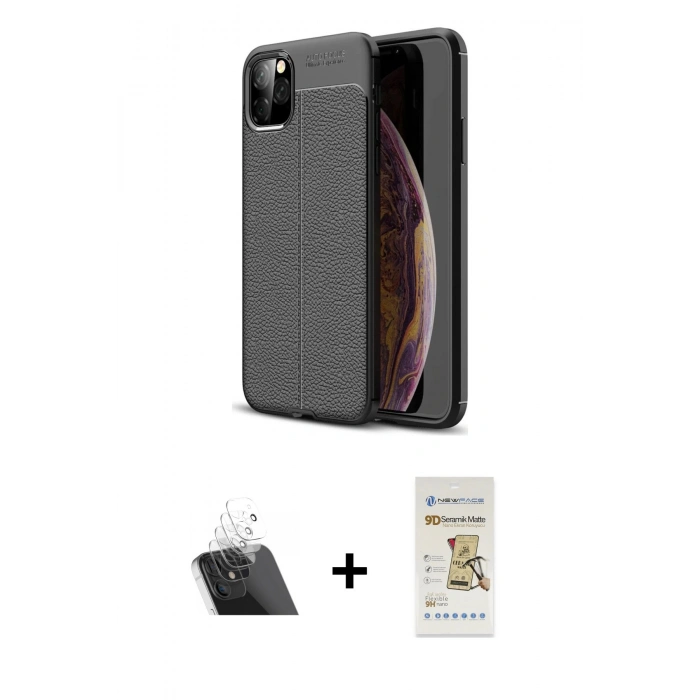 MARSİLYAN™- iPhone 11 Pro Max Kılıf Doruk Klasik Özel Seri - Siyah Mat Seramik Nano Ekran Koruyucu + Kamera Lens Koruma Cam - SF