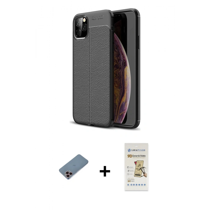 MARSİLYAN™- iPhone 11 Pro Max Kılıf Doruk Klasik Özel Seri - Siyah Mat Seramik Nano Ekran Koruyucu + Shine Kamera Lens Koruma Cam - PE