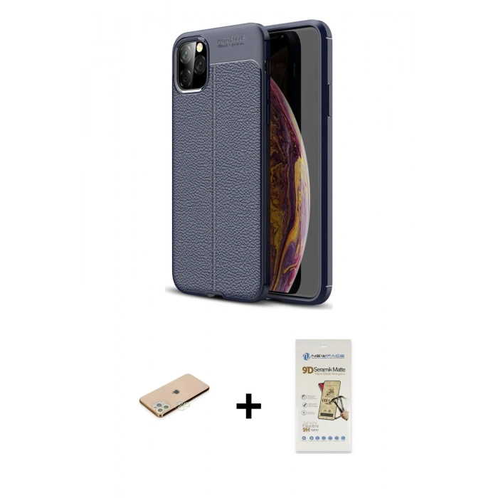 MARSİLYAN™- iPhone 11 Pro Max Kılıf Doruk Klasik Özel Seri - Siyah Mat Seramik Nano Ekran Koruyucu + Renkli Kamera Lens Koruma Cam - YL