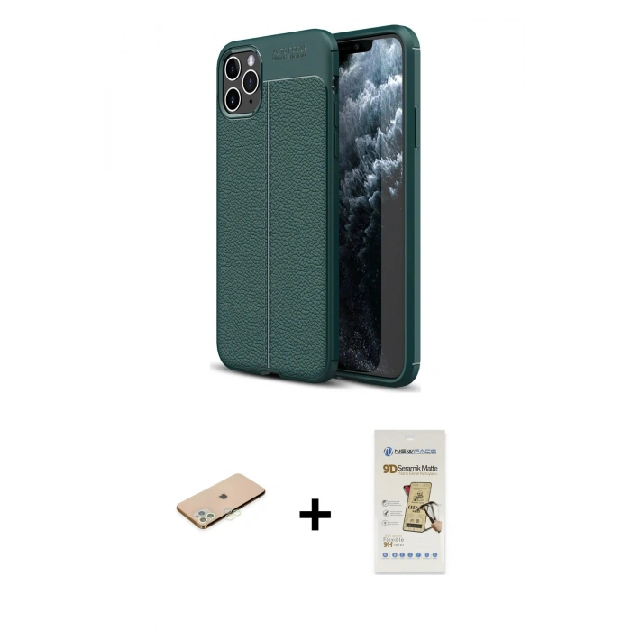 MARSİLYAN™- iPhone 11 Pro Max Kılıf Doruk Klasik Özel Seri - Siyah Mat Seramik Nano Ekran Koruyucu + Renkli Kamera Lens Koruma Cam - YL