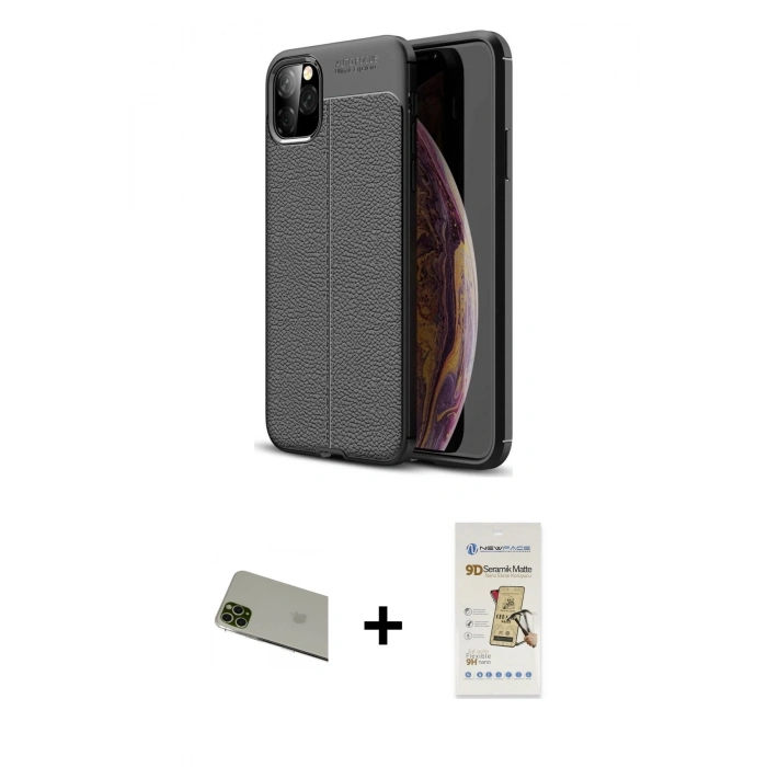MARSİLYAN™- iPhone 11 Pro Max Kılıf Doruk Klasik Özel Seri - Siyah Mat Seramik Nano Ekran Koruyucu + Rainbow Kamera Lens Koruma Cam - YL