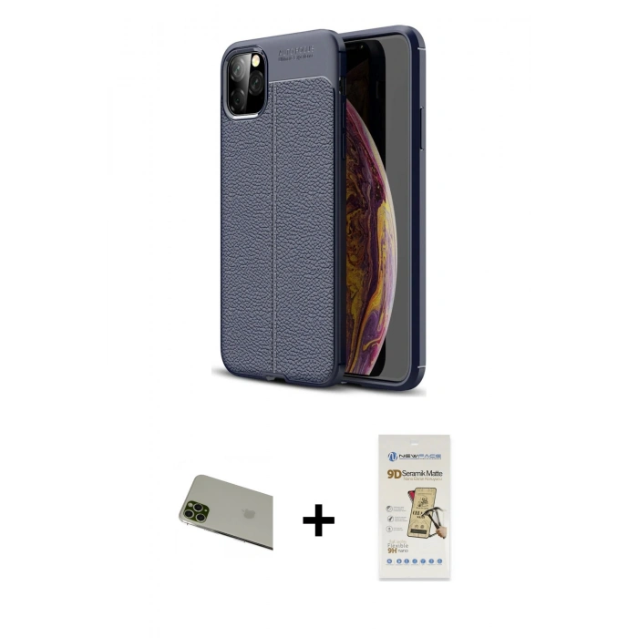 MARSİLYAN™- iPhone 11 Pro Max Kılıf Doruk Klasik Özel Seri - Siyah Mat Seramik Nano Ekran Koruyucu + Rainbow Kamera Lens Koruma Cam - YL