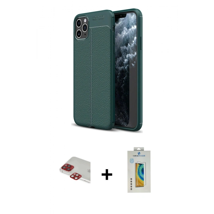 MARSİLYAN™- iPhone 11 Pro Max Kılıf Doruk Klasik Özel Seri - Siyah Polymer Nano Ekran Koruyucu + Pers Alüminyum Kamera Lens - KI