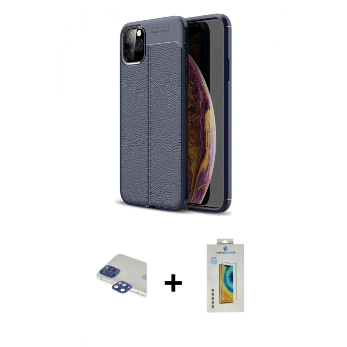 MARSİLYAN™- iPhone 11 Pro Max Kılıf Doruk Klasik Özel Seri - Siyah Polymer Nano Ekran Koruyucu + Lacivert Pers Alüminyum Kamera Lens
