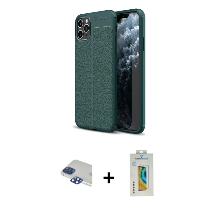 MARSİLYAN™- iPhone 11 Pro Max Kılıf Doruk Klasik Özel Seri - Siyah Polymer Nano Ekran Koruyucu + Lacivert Pers Alüminyum Kamera Lens